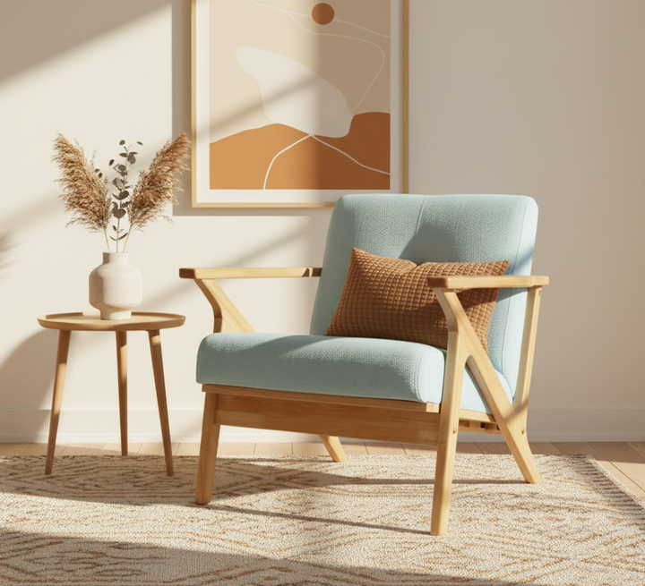 Modern light blue accent chair with wooden frame, brown cushion, side table, and abstract wall art