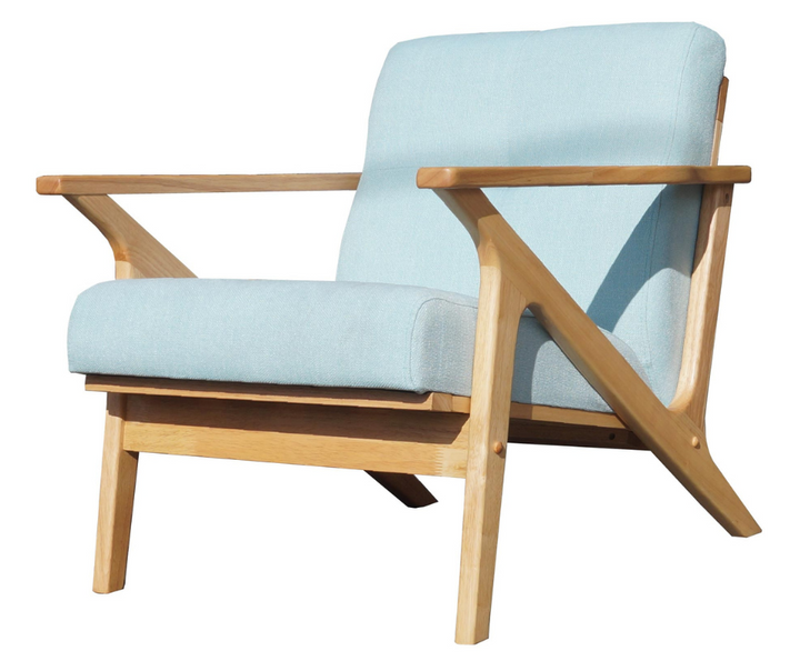 Modern wooden armchair with light blue cushions, lounge chair furniture