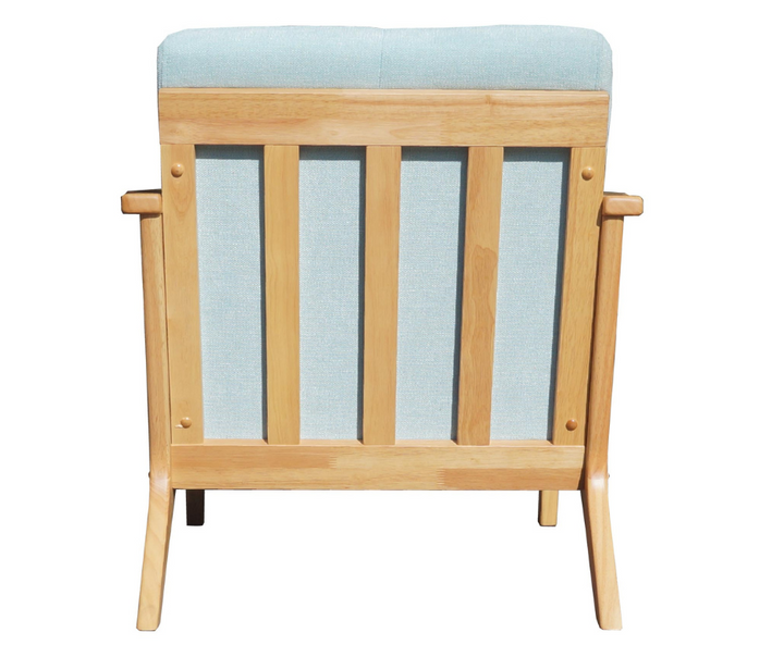 Light wood frame accent chair with pale blue upholstered backrest, modern home furniture