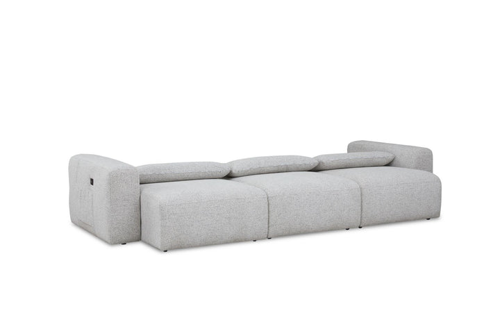 Modern light grey modular sofa with low backrest and armrests, upholstered in fabric
