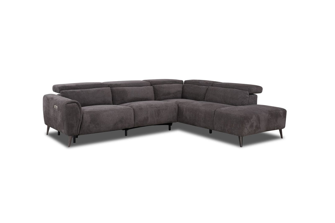 Modern dark gray sectional sofa with adjustable headrests and metal legs