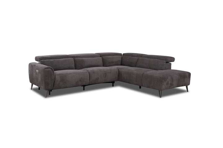 Modern dark gray sectional sofa with adjustable headrests and metal legs