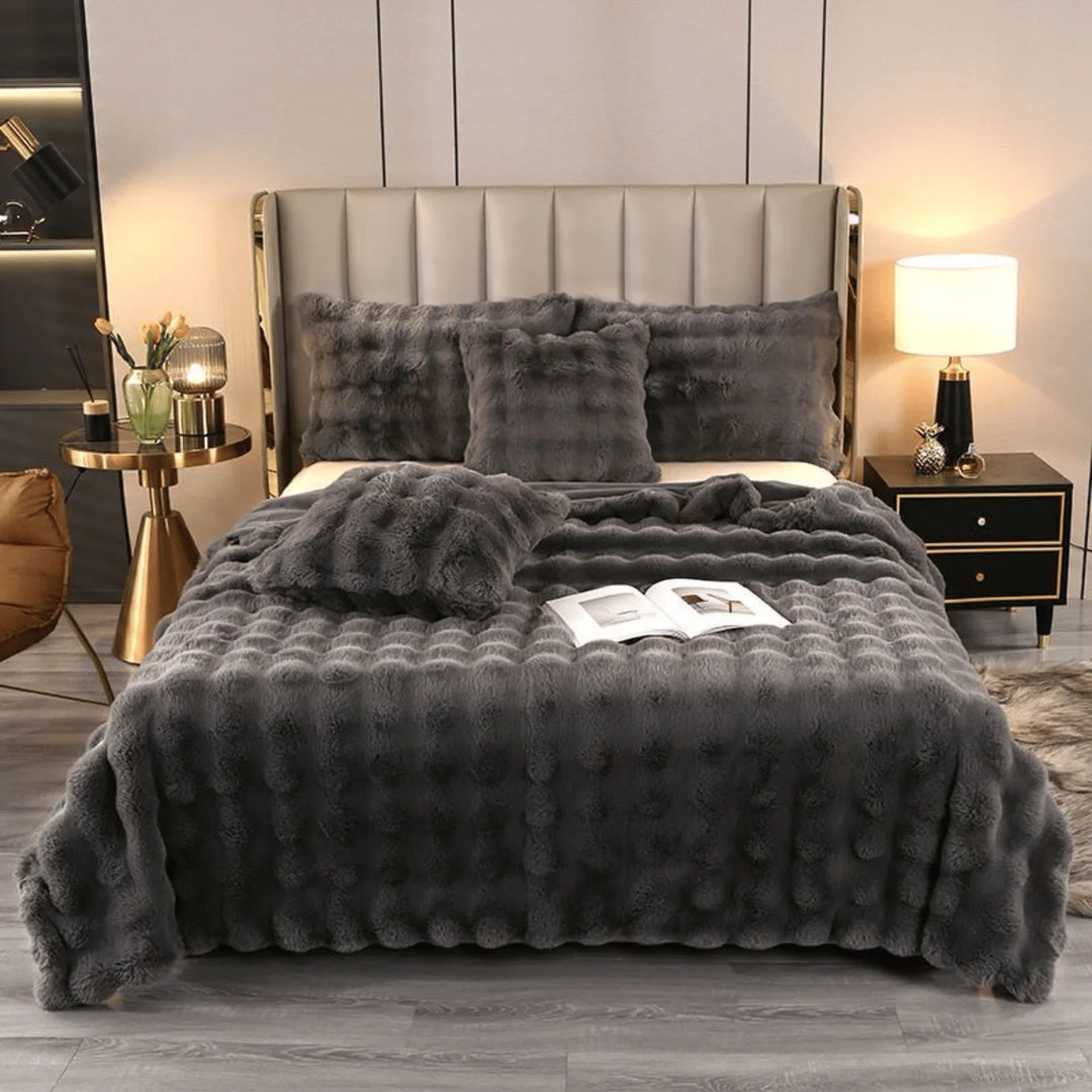 Dark Grey 100% Faux Rabbit Fur Throw Blanket 200 by 230 cm - DLB Furniture