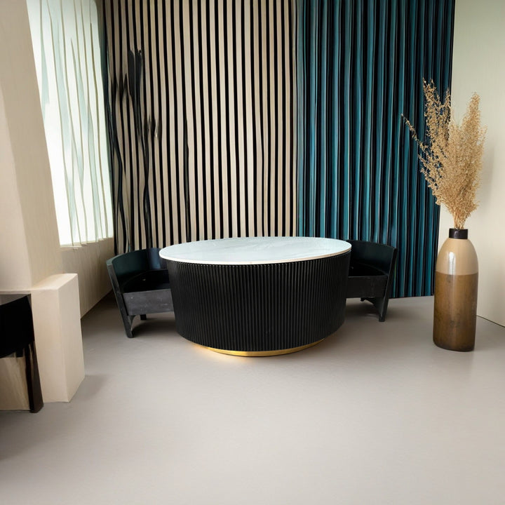 Central Round Black Coffee Table 2 Drawers Sintered Stone Top