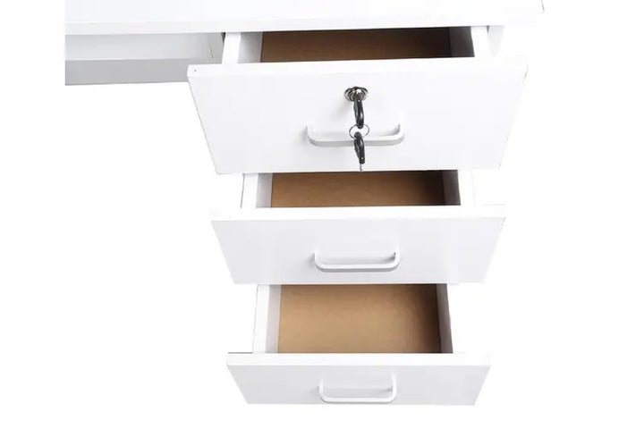 White modern dresser with three drawers, one locked with key, sleek handles, minimalist design
