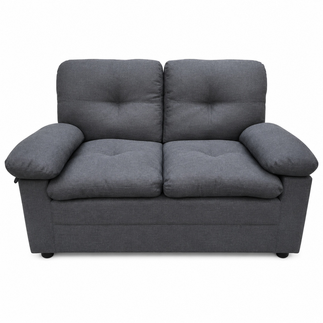 Gray two-seater sofa with tufted cushions and plush armrests, ideal for modern living rooms.