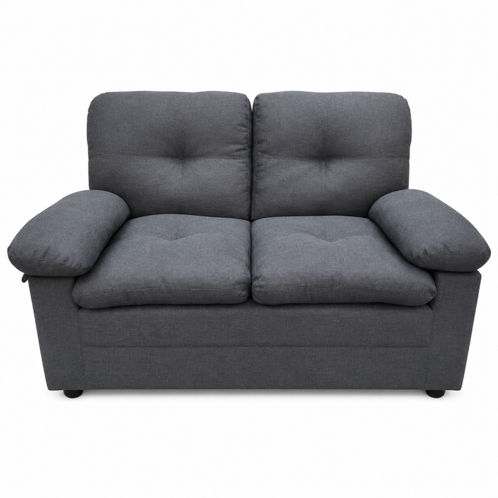 Gray two-seater sofa with tufted cushions and plush armrests, ideal for modern living rooms.