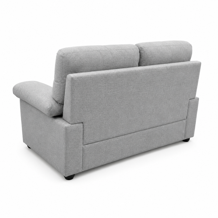 Gray fabric loveseat sofa with plush cushions and black feet, ideal for modern living rooms