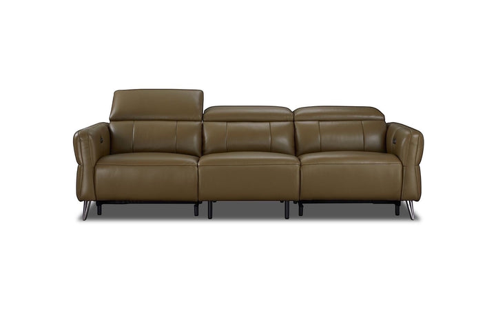 Modern brown leather sofa with adjustable headrest and metal legs, home furniture