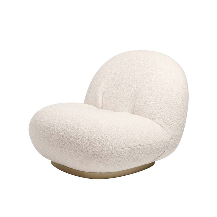 Cream bouclé swivel armchair with gold base, modern lounge chair for living room