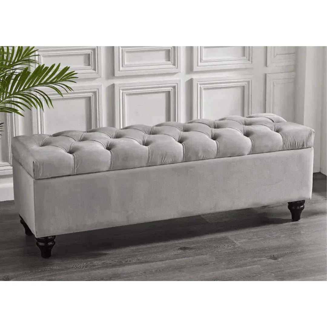 Rania Velvet Storage Bench Ottoman Storage Box Medium Silver - DLB Furniture