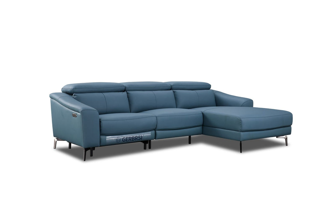 Modern blue sectional sofa with adjustable headrests and chaise lounge on metal legs
