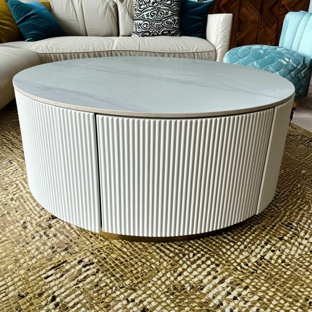 Central Round White Coffee Table 2 Drawers