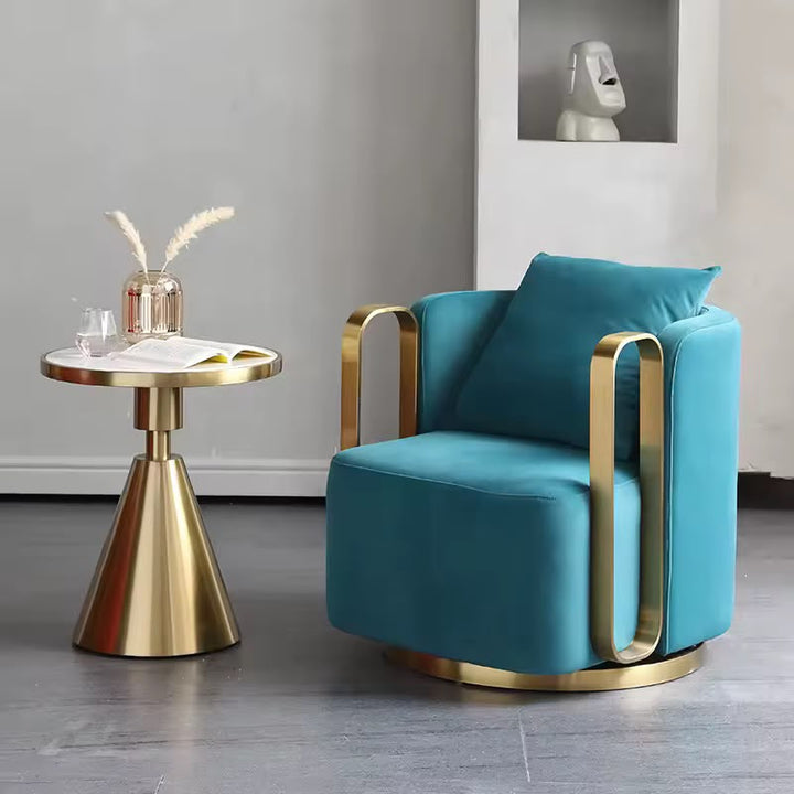 Teal velvet armchair with gold metal frame and matching side table, modern living room furniture