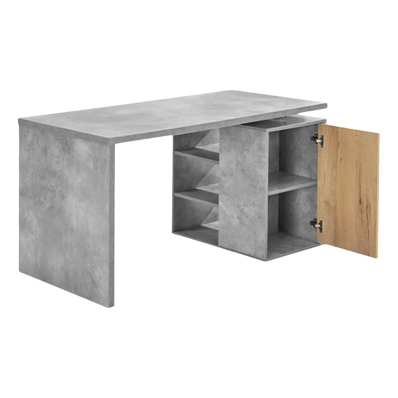 Modern concrete-style desk with oak door and open shelving, ideal for home office or study space.
