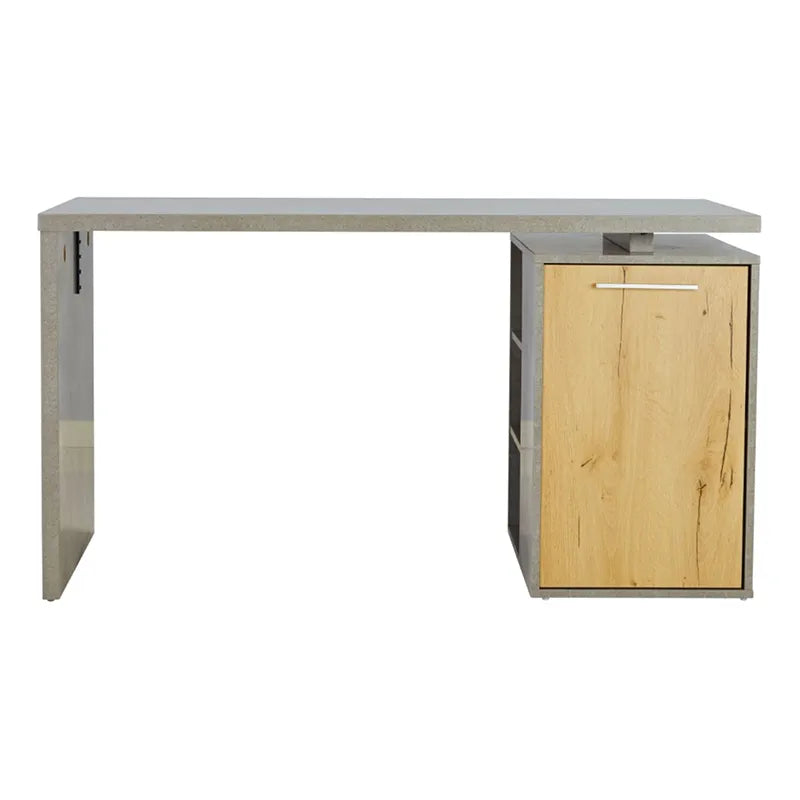 Modern concrete-style desk with oak storage cabinet, ideal for home office or study space