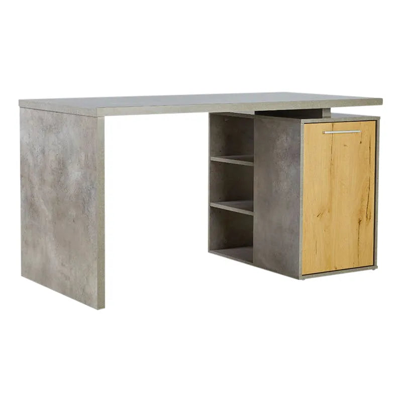 Modern concrete desk with wood accent door and open shelves for home office storage