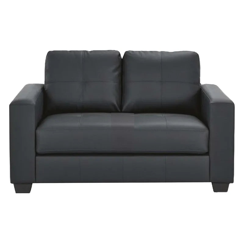 Black leather two-seater sofa with tufted backrest and armrests, modern living room furniture