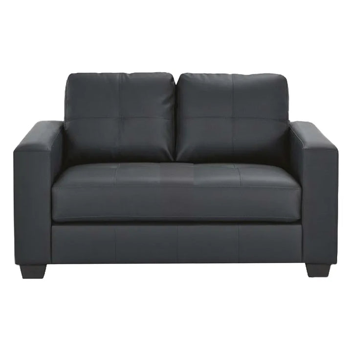 Black leather two-seater sofa with tufted backrest and armrests, modern living room furniture
