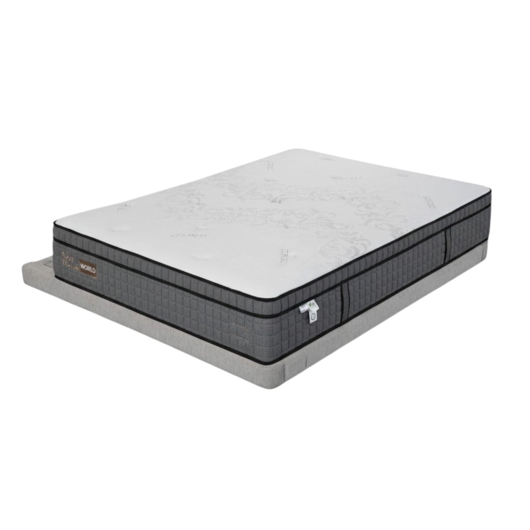 Modern gray mattress with patterned white top on a matching fabric base, home bedroom furniture