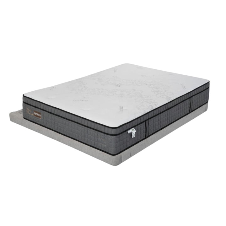 Modern gray mattress with patterned white top on a matching fabric base, home bedroom furniture