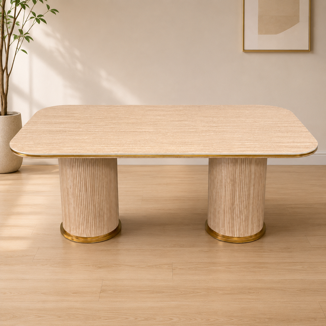 Modern dining table with fluted wood legs and gold trim, perfect for contemporary Sydney homes