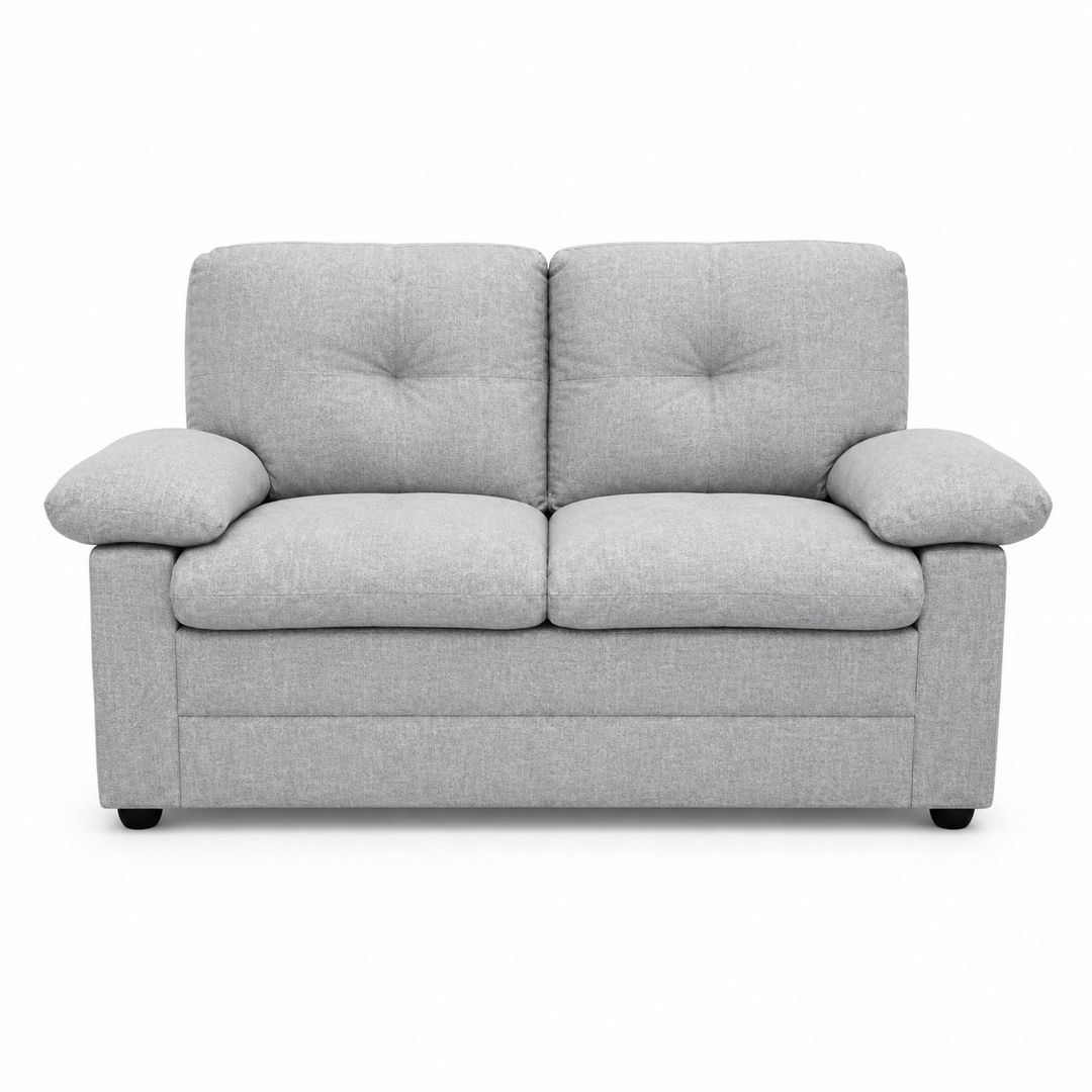 Gray two-seater sofa with tufted back cushions and rounded arms, ideal for modern living rooms