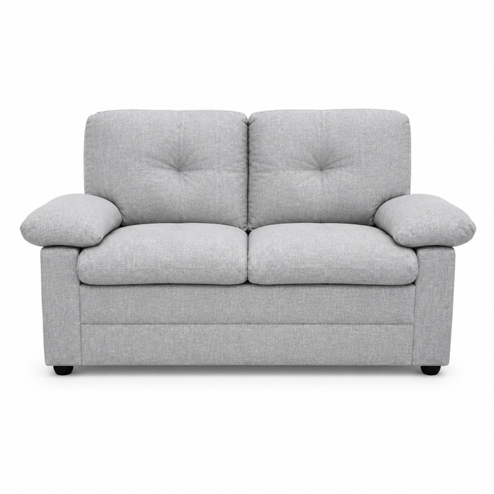 Gray two-seater sofa with tufted back cushions and rounded arms, ideal for modern living rooms