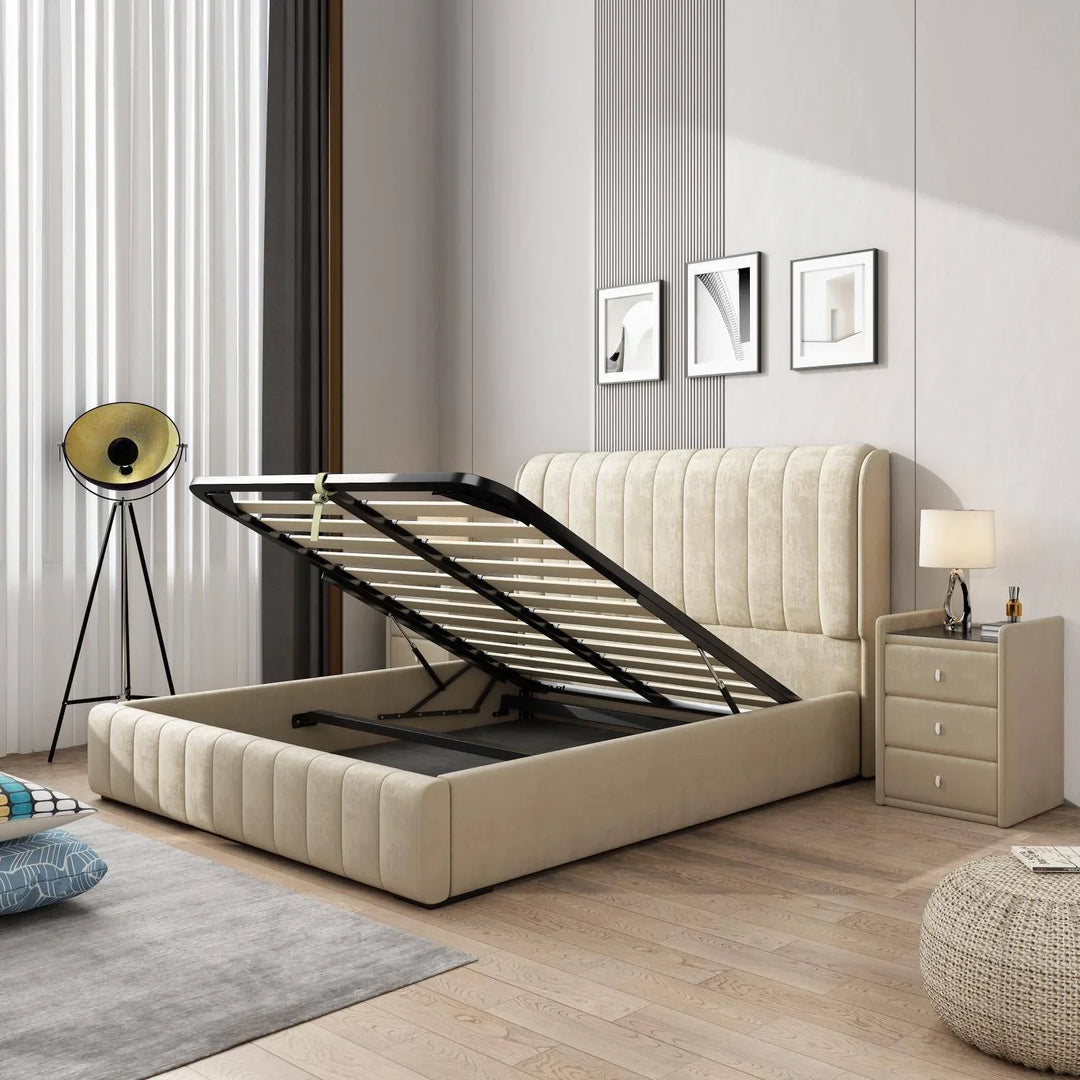 Europa Luxury Velvet Queen Bed Frame Beige - DLB Furniture