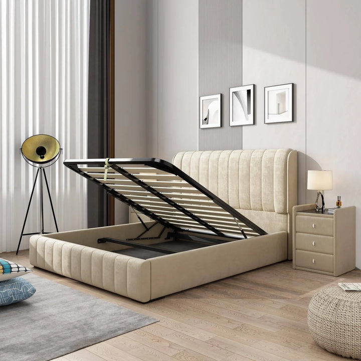 Europa Luxury Velvet Queen Bed Frame Beige - DLB Furniture