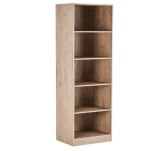 Tall wooden bookshelf with five open shelves for home storage and display