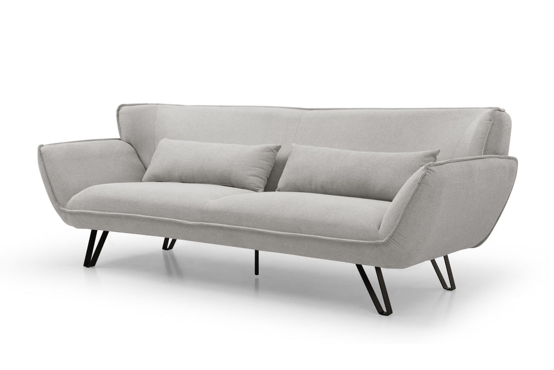 Modern light gray fabric sofa with black metal legs and two matching cushions, ideal for contemporary living rooms.