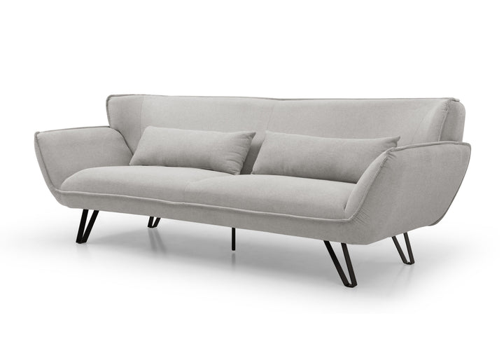 Modern light gray fabric sofa with black metal legs and two matching cushions, ideal for contemporary living rooms.