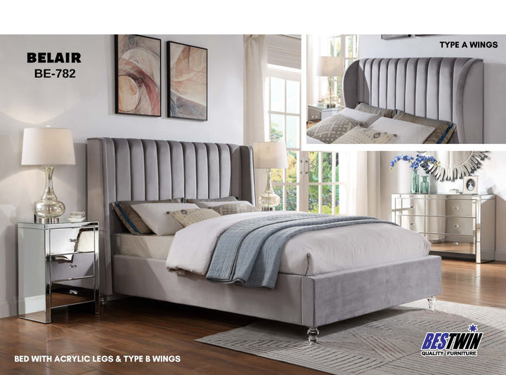 Modern grey upholstered queen bed with vertical channel headboard, acrylic legs, and elegant bedroom decor.