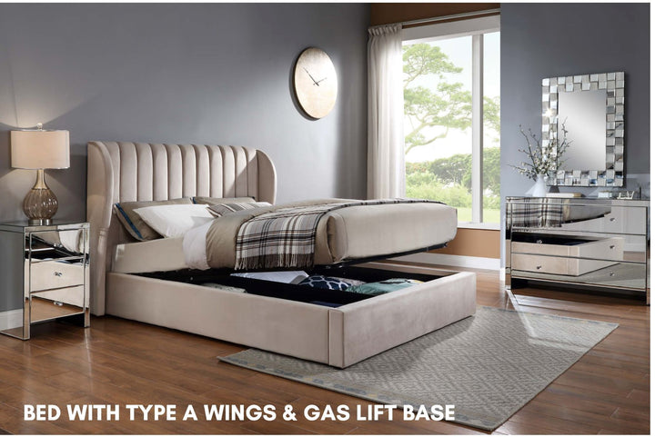 Upholstered bed with winged headboard and gas lift storage in modern bedroom