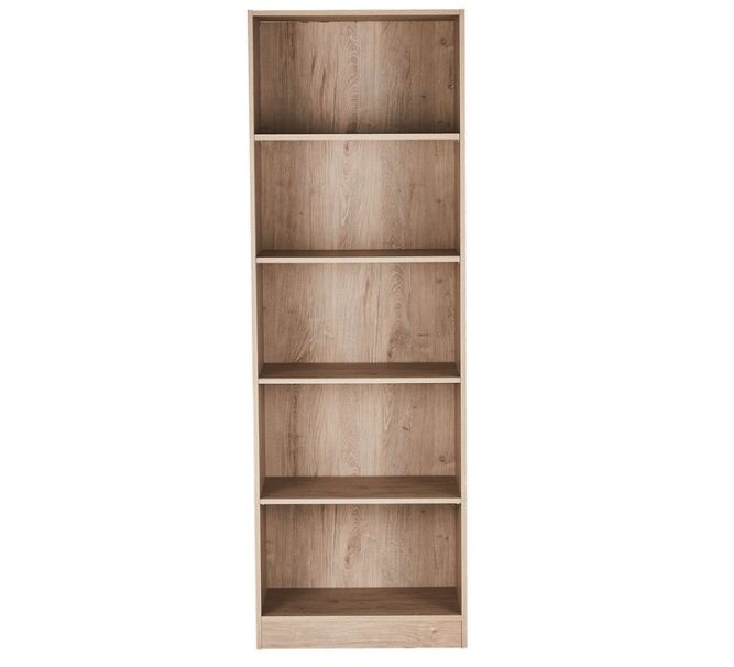 Tall wooden bookshelf with five shelves, oak finish, modern home furniture