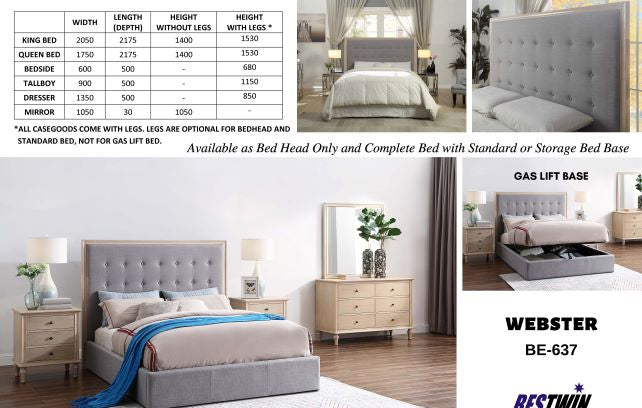 Modern upholstered bed frame with gas lift storage, grey tufted headboard, bedroom furniture set.