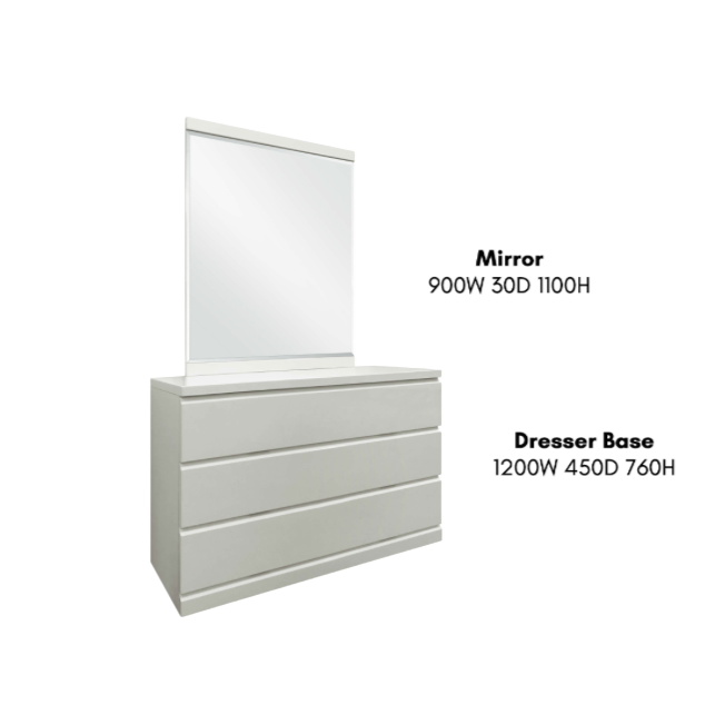 Modern white dresser with three drawers and attached rectangular mirror, dimension labels visible