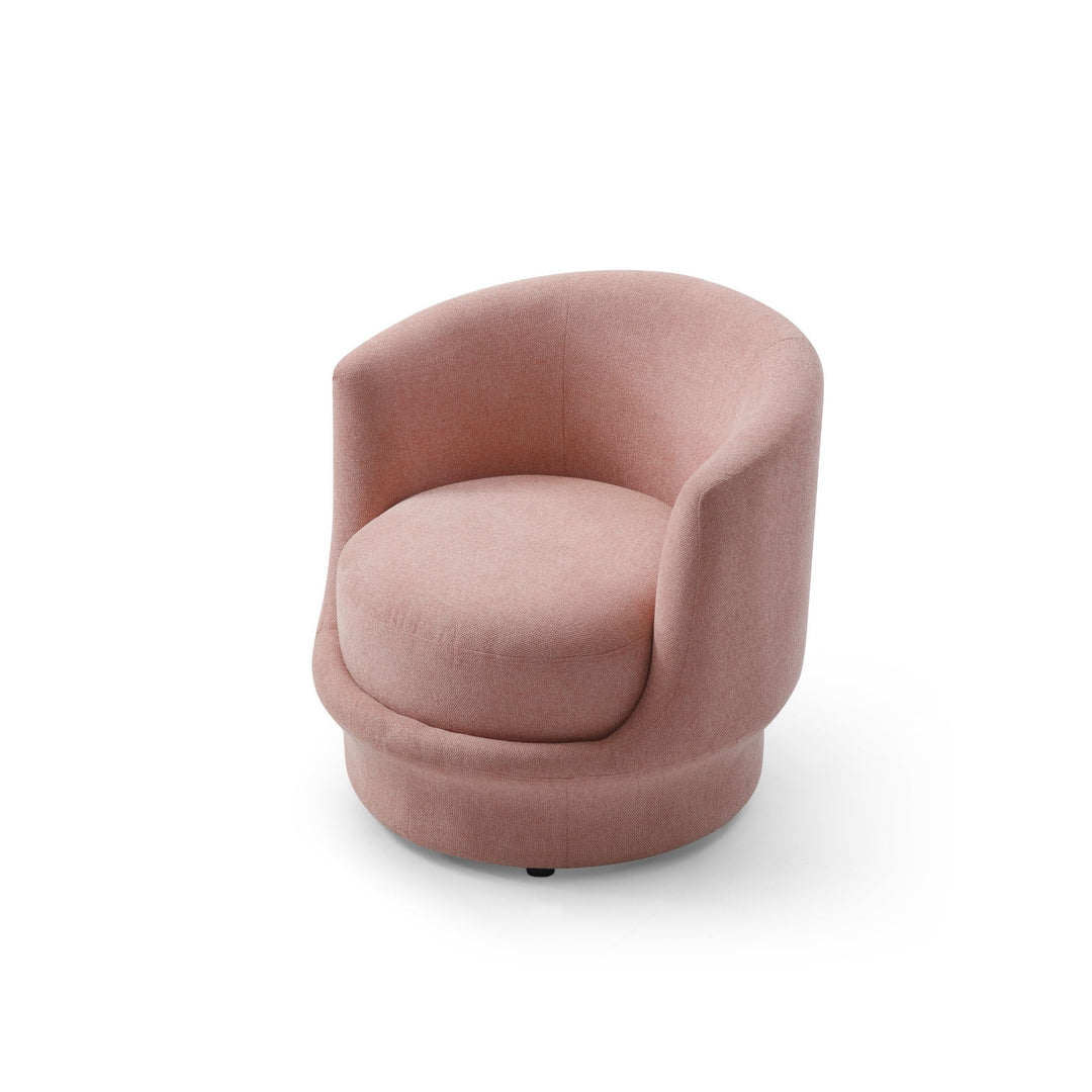 Modern pink upholstered swivel accent chair with curved back, home furniture