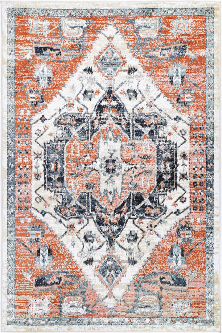 Bohemian area rug with geometric medallion pattern in orange, ivory, and blue tones