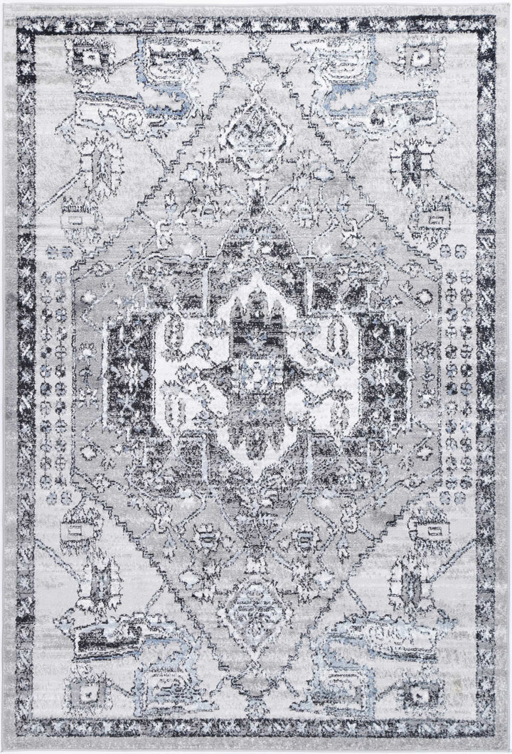 Gray area rug with vintage-inspired distressed pattern and ornate central medallion design