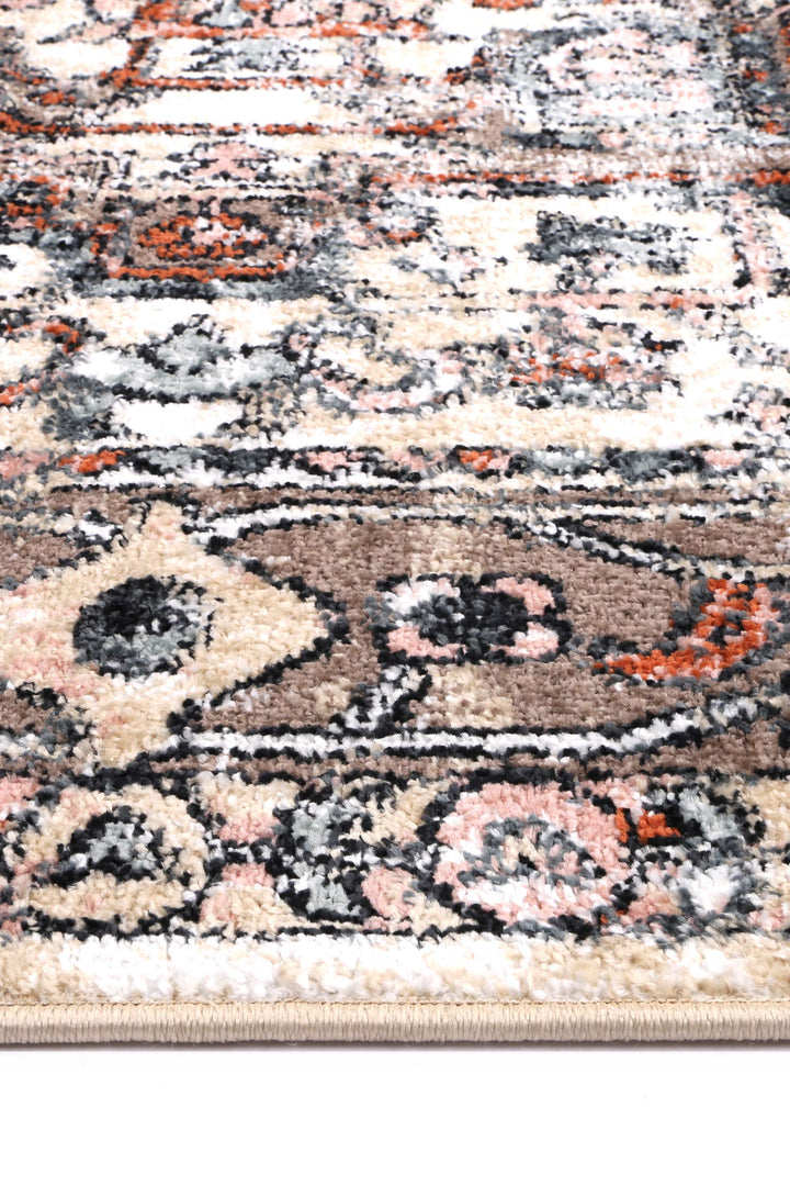 Close-up of a beige and multicolor patterned area rug with plush texture and floral motifs