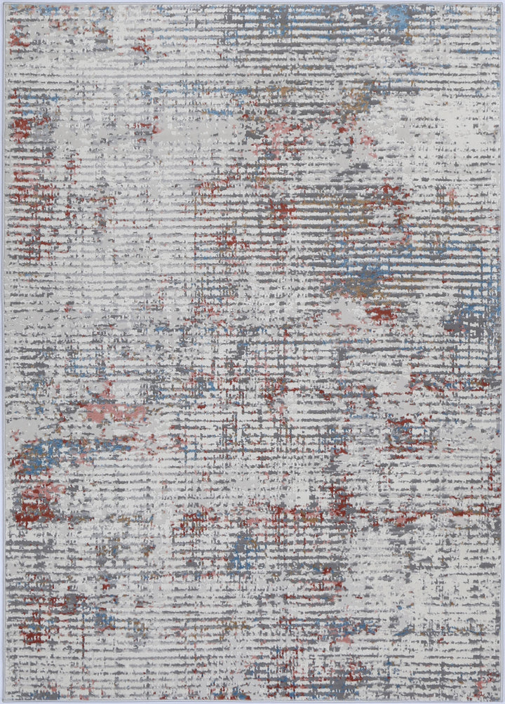 Modern abstract area rug with gray, red, and blue distressed pattern