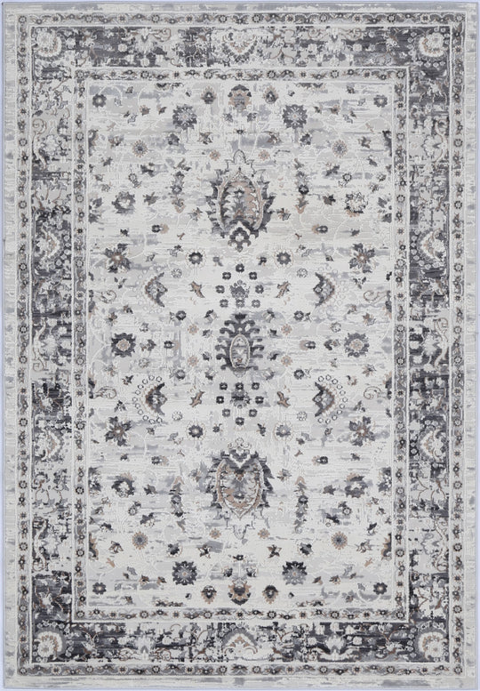 Gray and ivory area rug with vintage floral pattern and ornate border, home decor accent