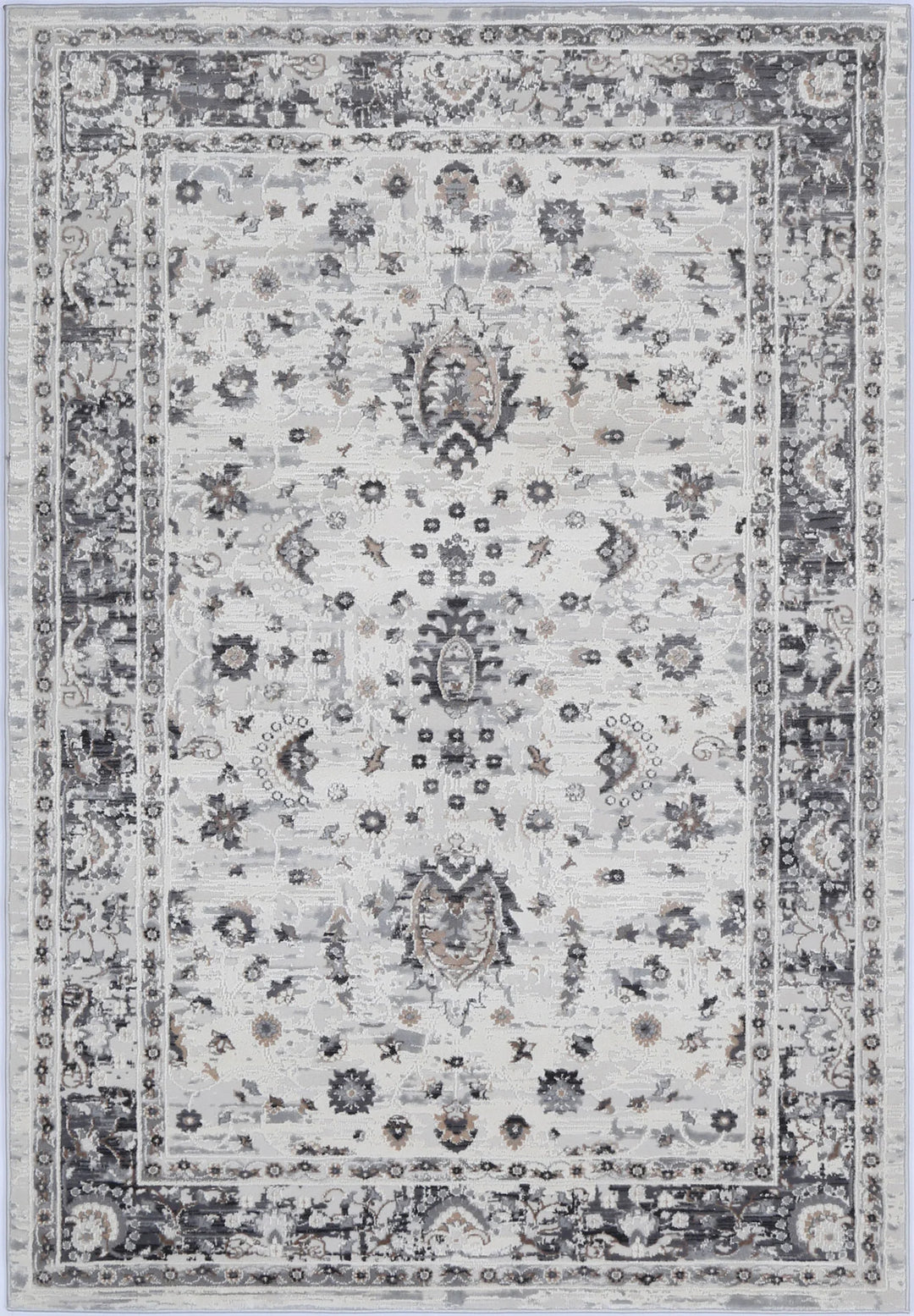 Gray and white area rug with vintage floral pattern and ornate border, ideal for living rooms.