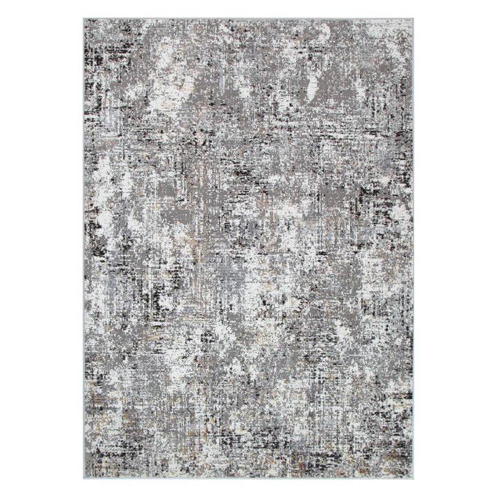 Modern area rug with abstract gray, white, and beige distressed pattern