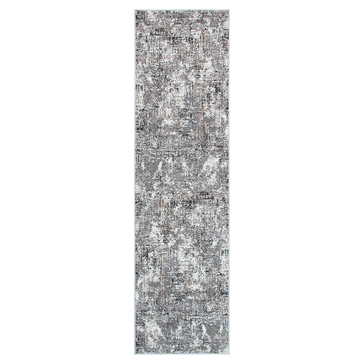 Modern distressed grey hallway runner rug with abstract pattern on white background