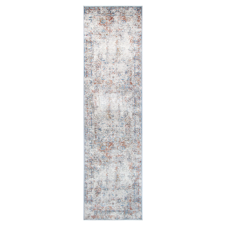 Distressed vintage hallway runner rug with faded blue and rust pattern on white background