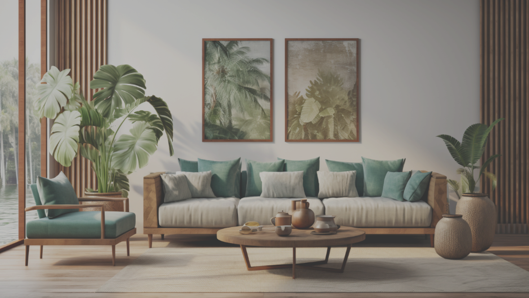 Modern living room with green accent sofa, wooden coffee table, indoor plants, and wall art