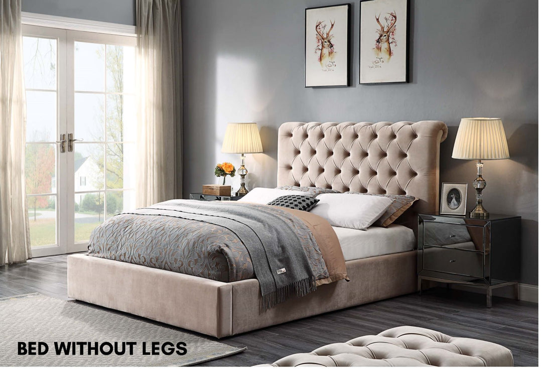 Beige upholstered gas lift bed without legs, tufted headboard in modern bedroom